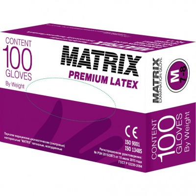 Перчатки латексные б/талька, Matrix Premium, Medium (50пар)
